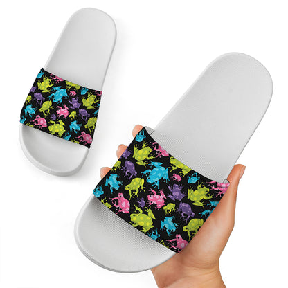 Colorful Frog Pattern Print White Slide Sandals