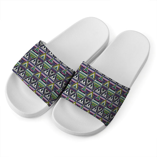 Colorful Geometric Native Navajo Print White Slide Sandals