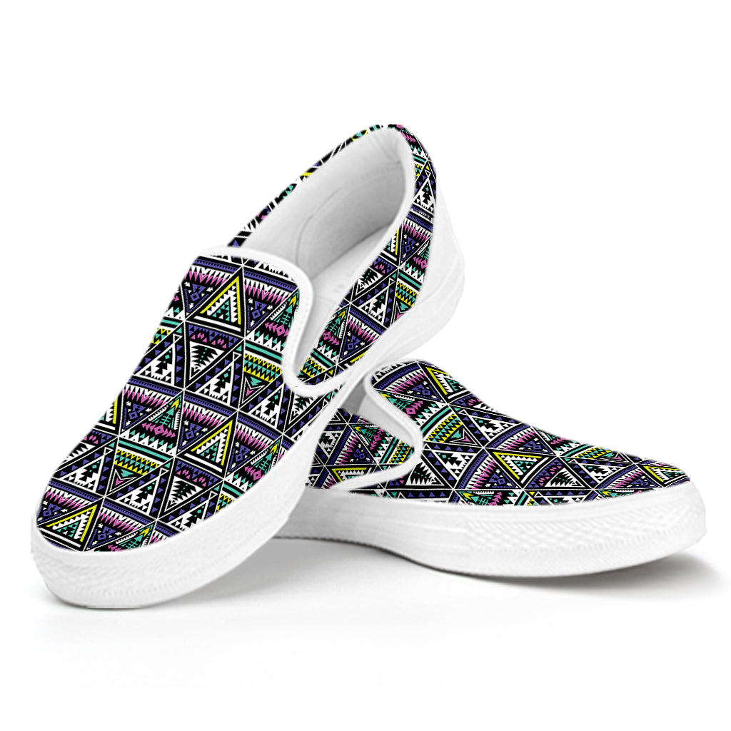 Colorful Geometric Native Navajo Print White Slip On Shoes