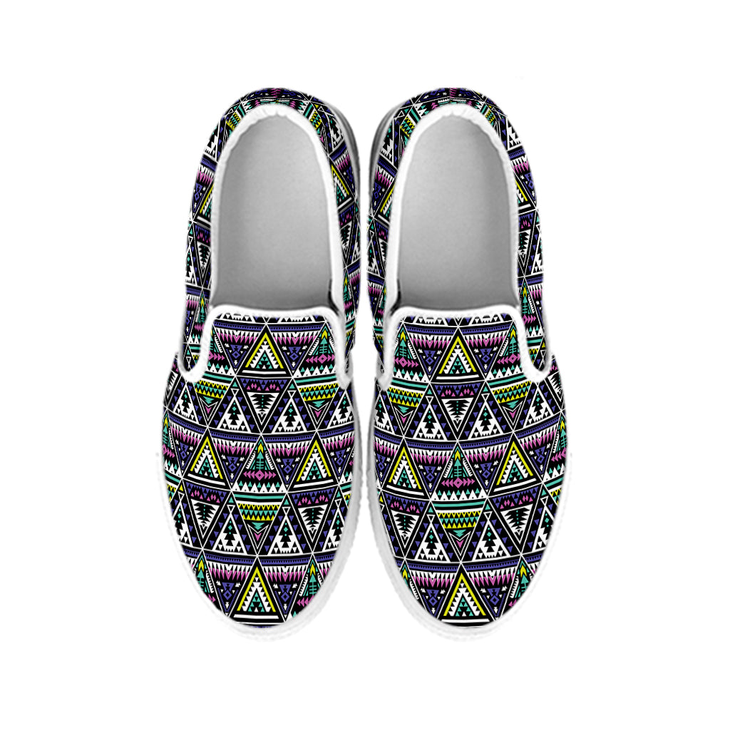 Colorful Geometric Native Navajo Print White Slip On Shoes