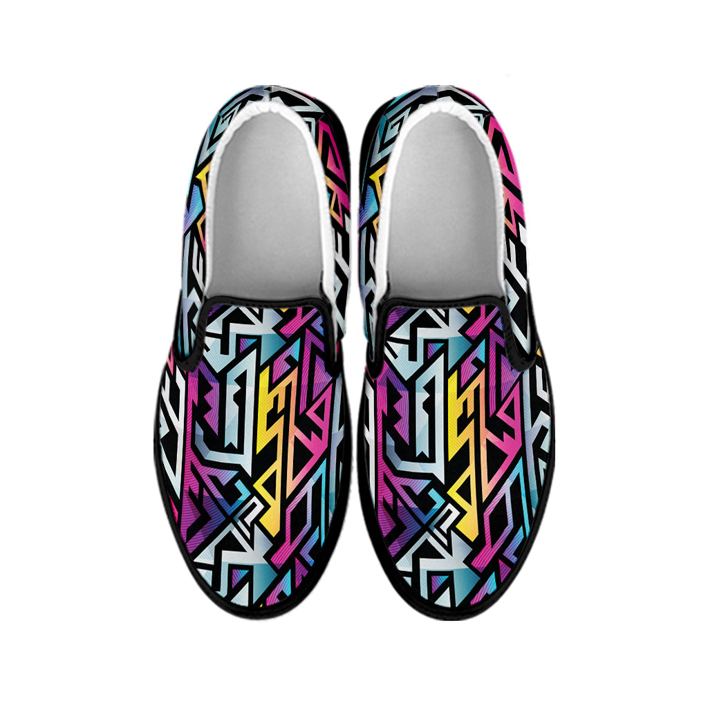 Colorful Geometric Tribal Pattern Print Black Slip On Shoes