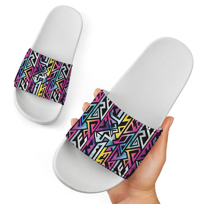 Colorful Geometric Tribal Pattern Print White Slide Sandals