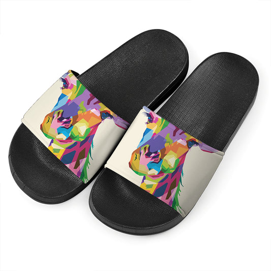 Colorful Giraffe Portrait Print Black Slide Sandals