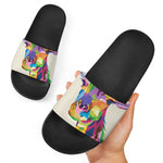 Colorful Giraffe Portrait Print Black Slide Sandals