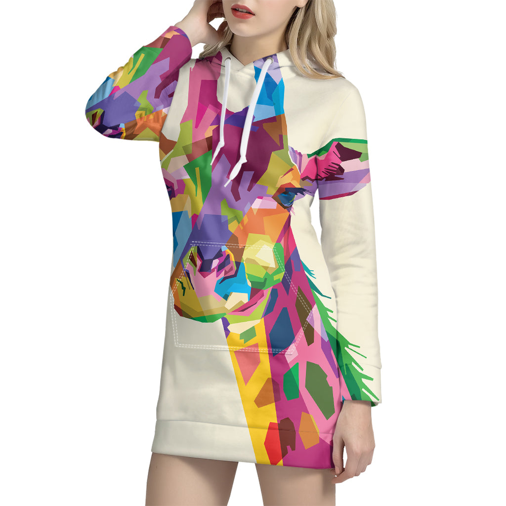 Colorful Giraffe Portrait Print Pullover Hoodie Dress
