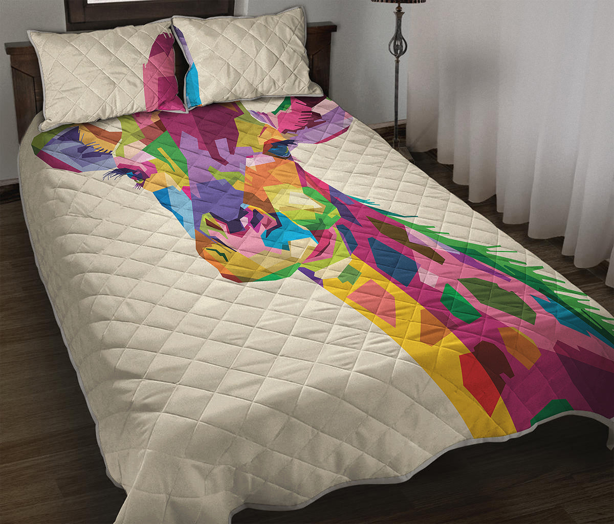 Colorful Giraffe Portrait Print Quilt Bed Set