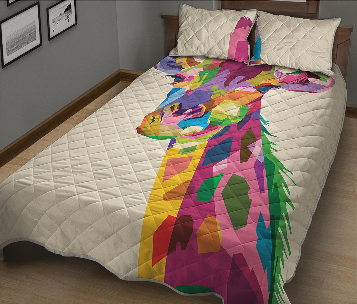 Colorful Giraffe Portrait Print Quilt Bed Set