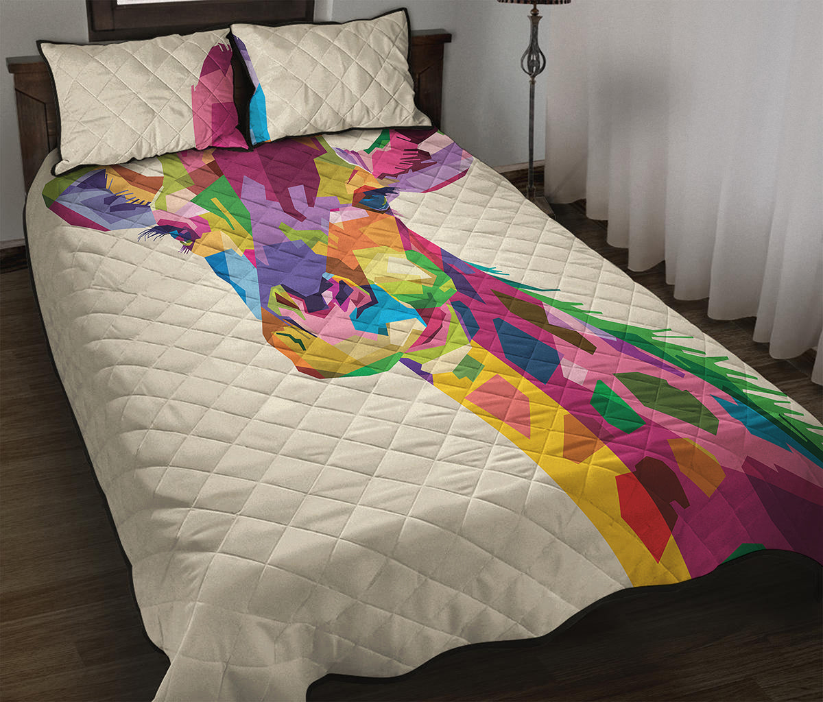 Colorful Giraffe Portrait Print Quilt Bed Set