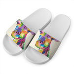 Colorful Giraffe Portrait Print White Slide Sandals