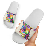 Colorful Giraffe Portrait Print White Slide Sandals