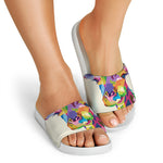 Colorful Giraffe Portrait Print White Slide Sandals