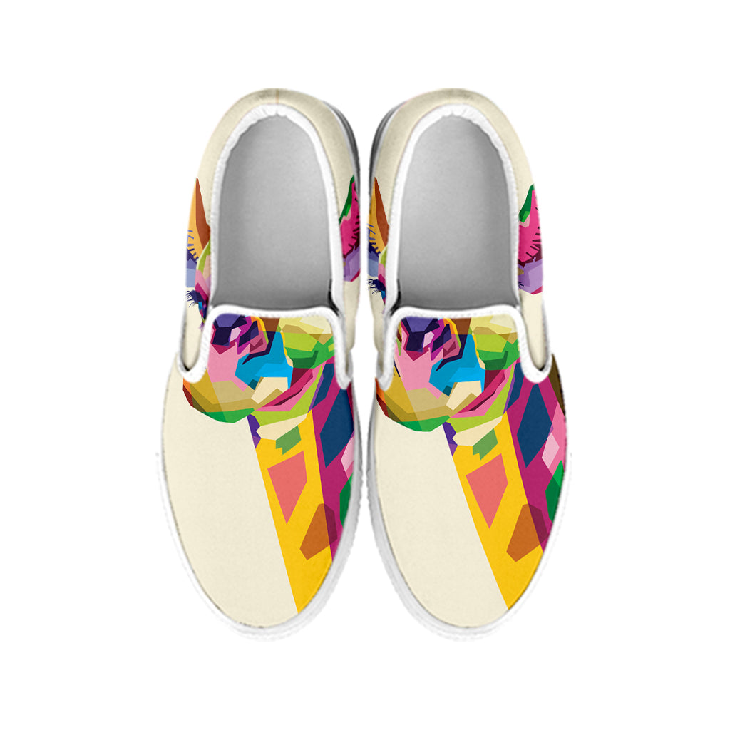Colorful Giraffe Portrait Print White Slip On Shoes