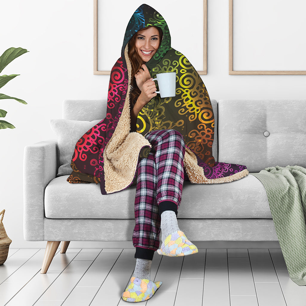 Colorful Gradient Mandala Print Hooded Blanket