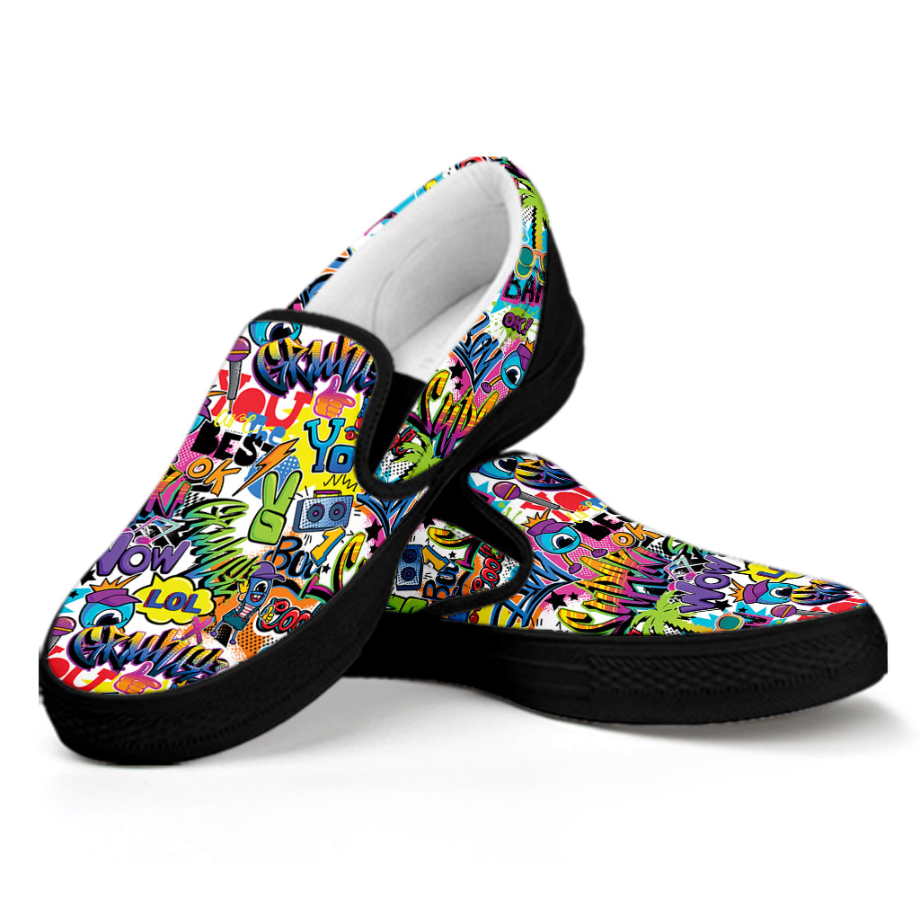 Colorful Graffiti Pattern Print Black Slip On Shoes