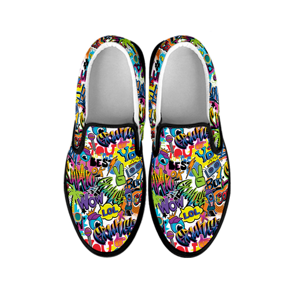 Colorful Graffiti Pattern Print Black Slip On Shoes