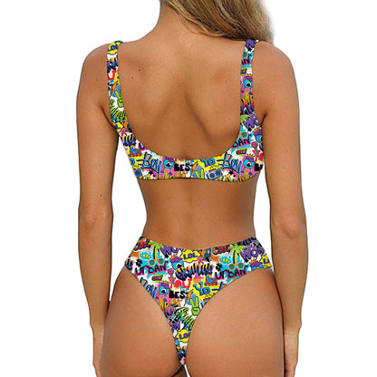 Colorful Graffiti Pattern Print Front Bow Tie Bikini