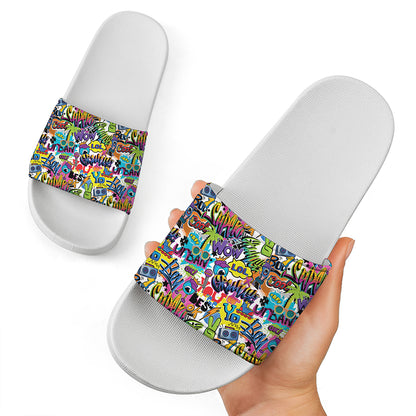 Colorful Graffiti Pattern Print White Slide Sandals
