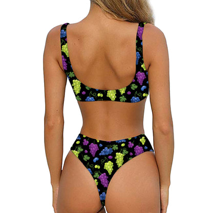 Colorful Grapes Pattern Print Front Bow Tie Bikini