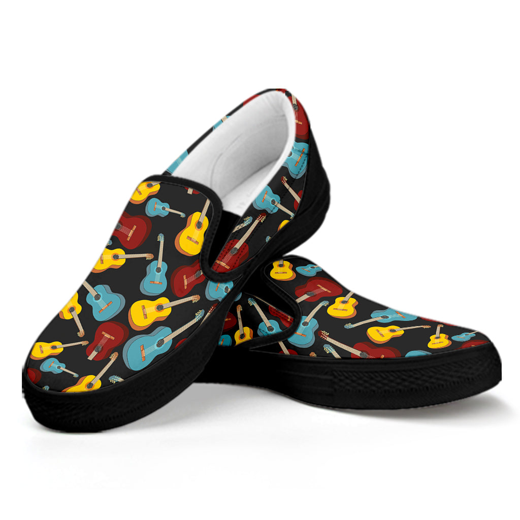 Colorful Guitar Pattern Print Black Slip On Shoes
