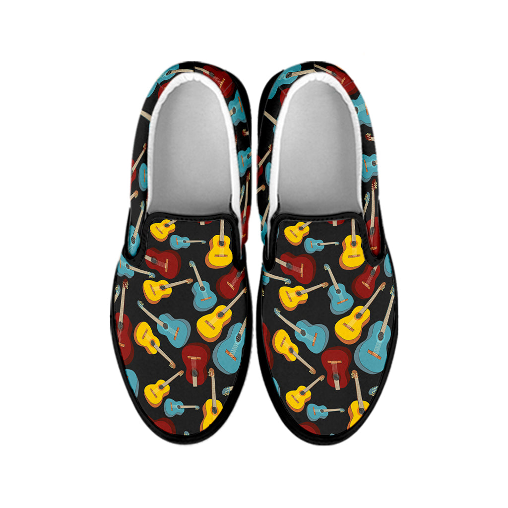 Colorful Guitar Pattern Print Black Slip On Shoes