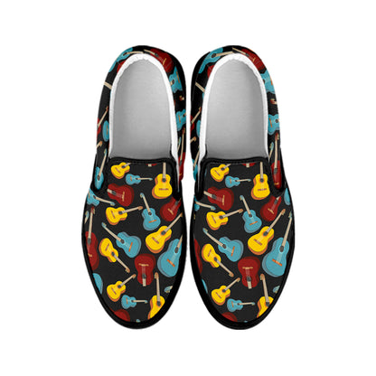 Colorful Guitar Pattern Print Black Slip On Shoes