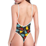 Colorful Guitar Pattern Print One Piece High Cut Swimsuit