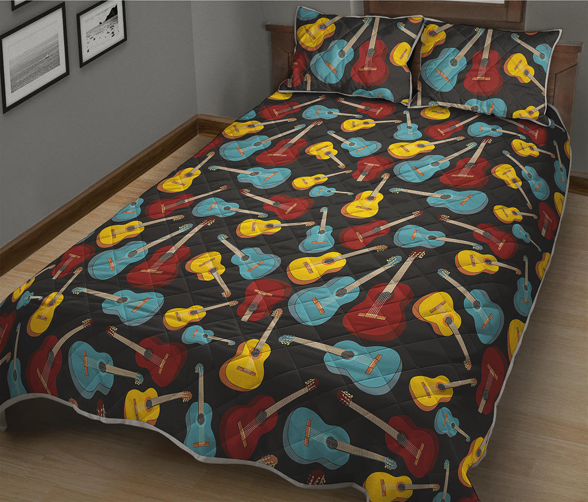 Colorful Guitar Pattern Print Quilt Bed Set