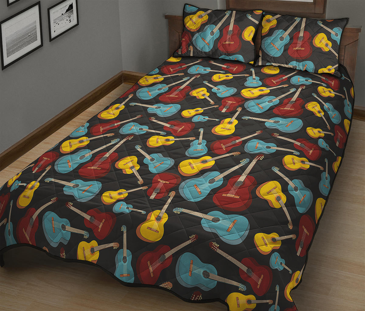 Colorful Guitar Pattern Print Quilt Bed Set