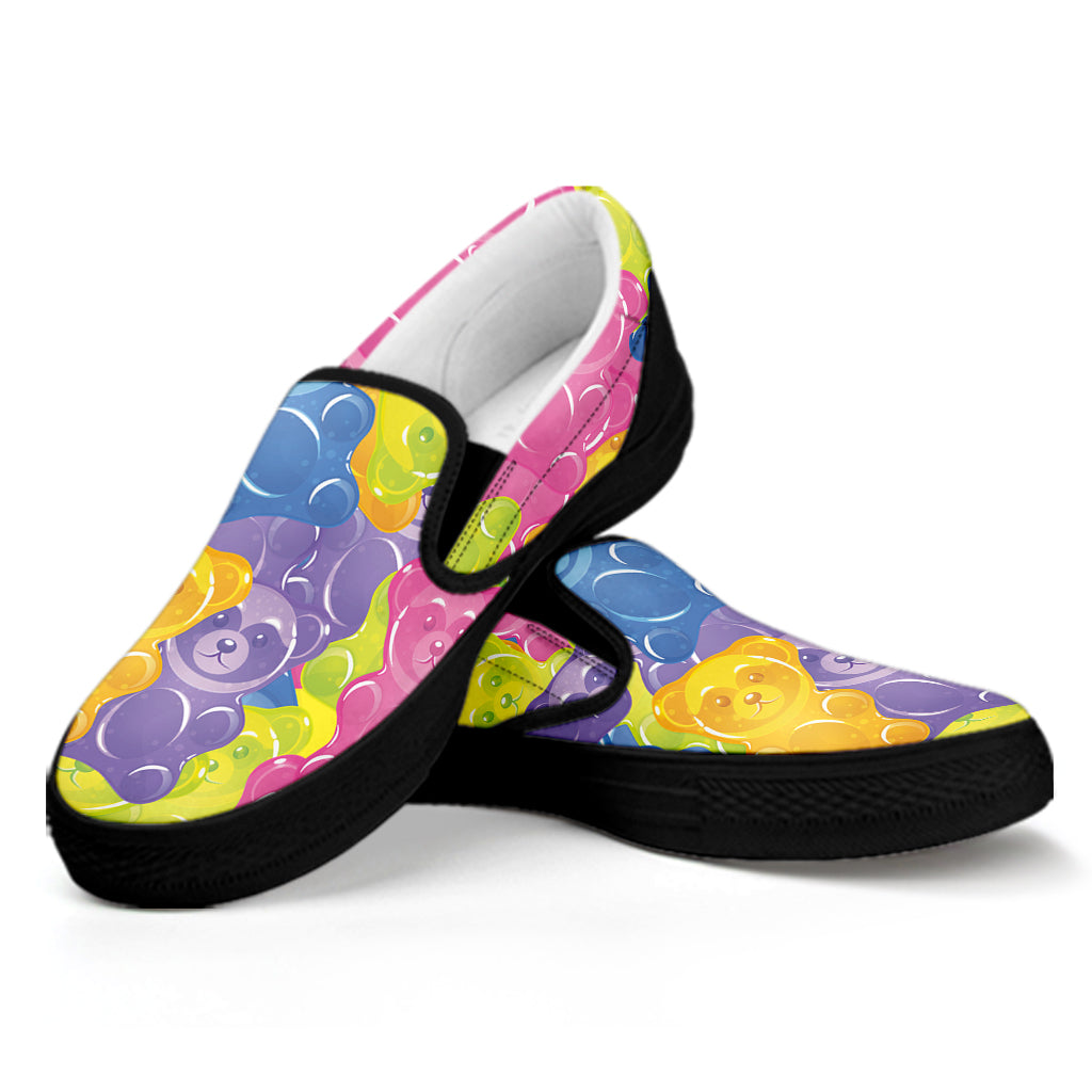Colorful Gummy Bear Print Black Slip On Shoes