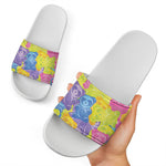 Colorful Gummy Bear Print White Slide Sandals