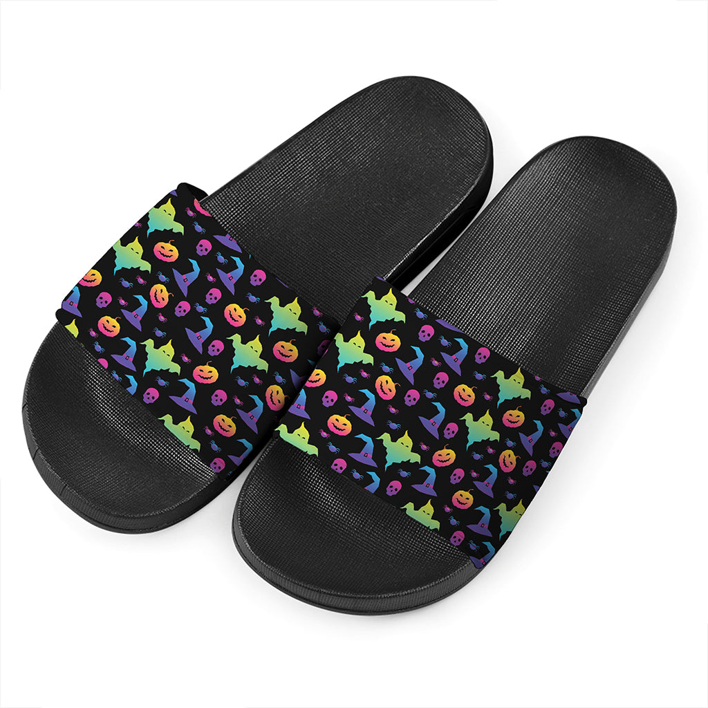 Colorful Halloween Party Pattern Print Black Slide Sandals