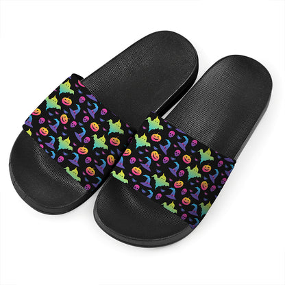 Colorful Halloween Party Pattern Print Black Slide Sandals