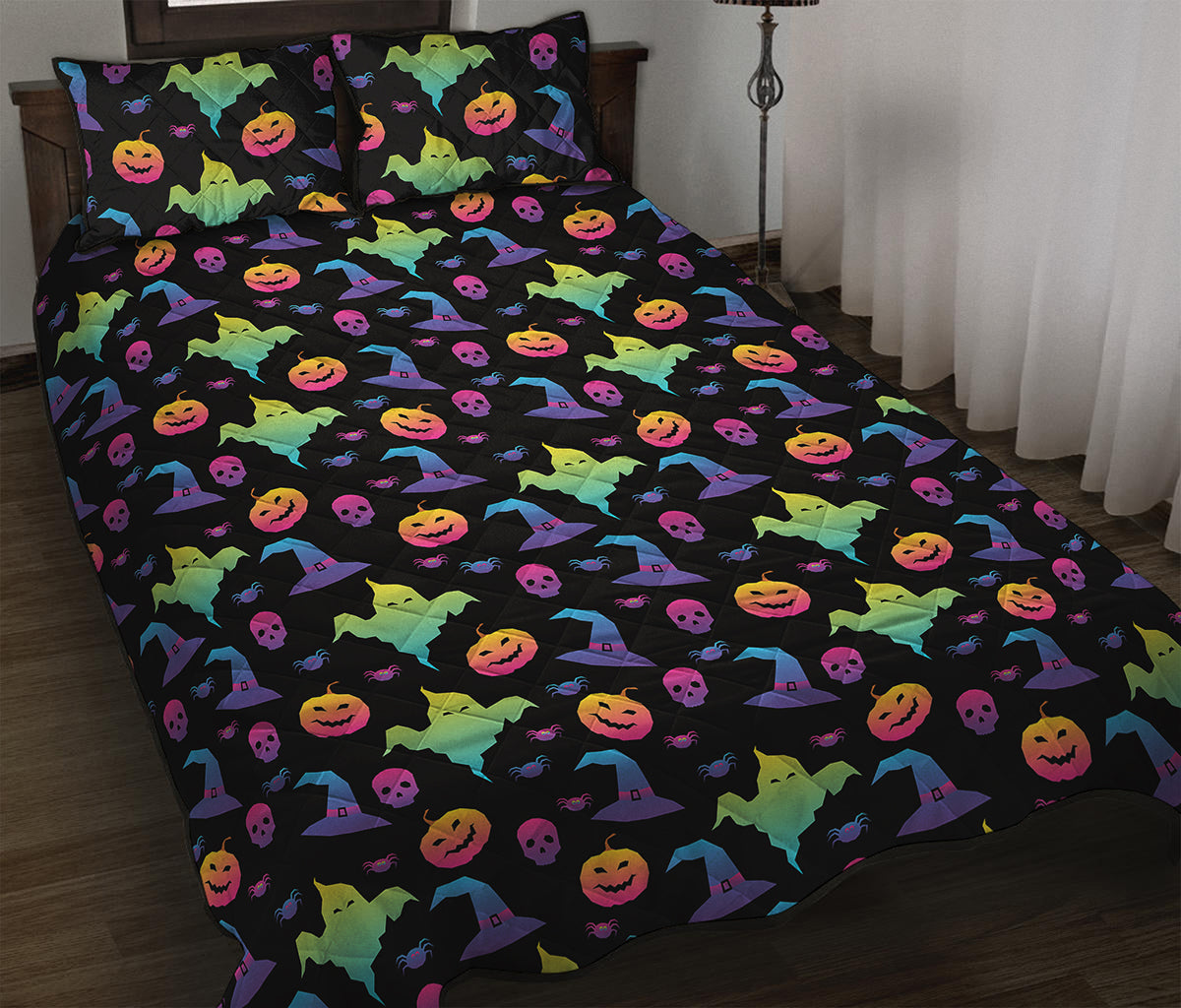 Colorful Halloween Party Pattern Print Quilt Bed Set