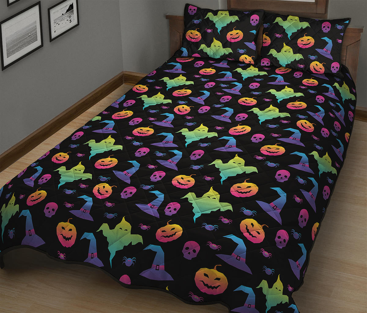 Colorful Halloween Party Pattern Print Quilt Bed Set