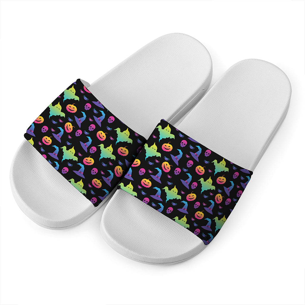 Colorful Halloween Party Pattern Print White Slide Sandals