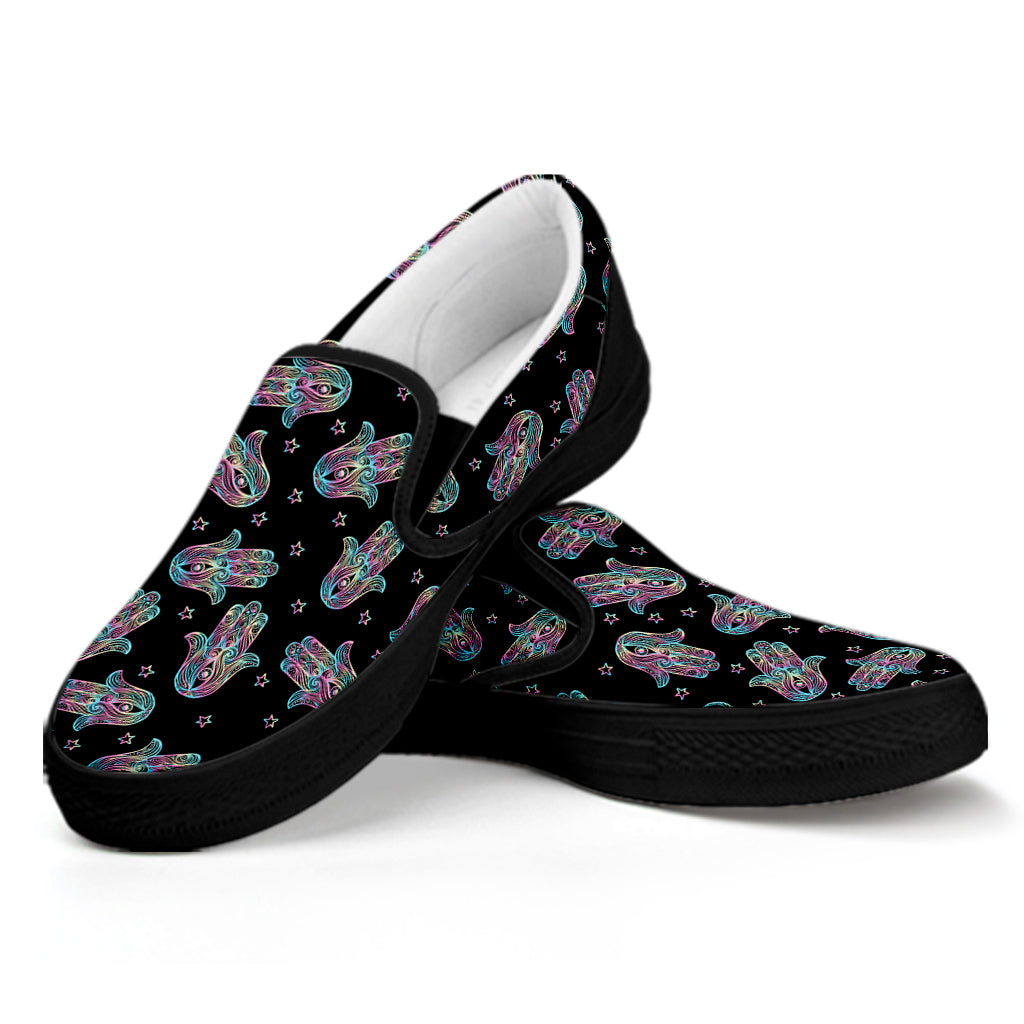 Colorful Hamsa Hand Print Black Slip On Shoes