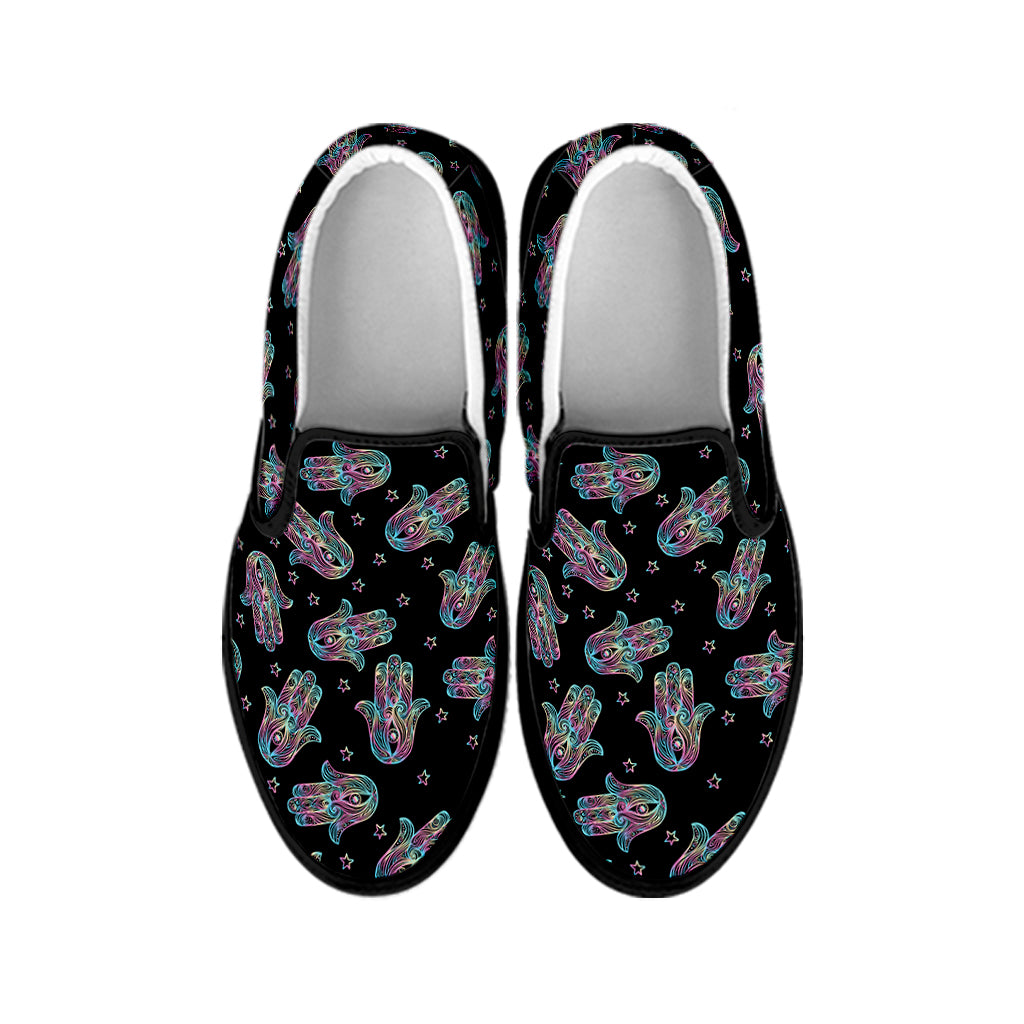 Colorful Hamsa Hand Print Black Slip On Shoes