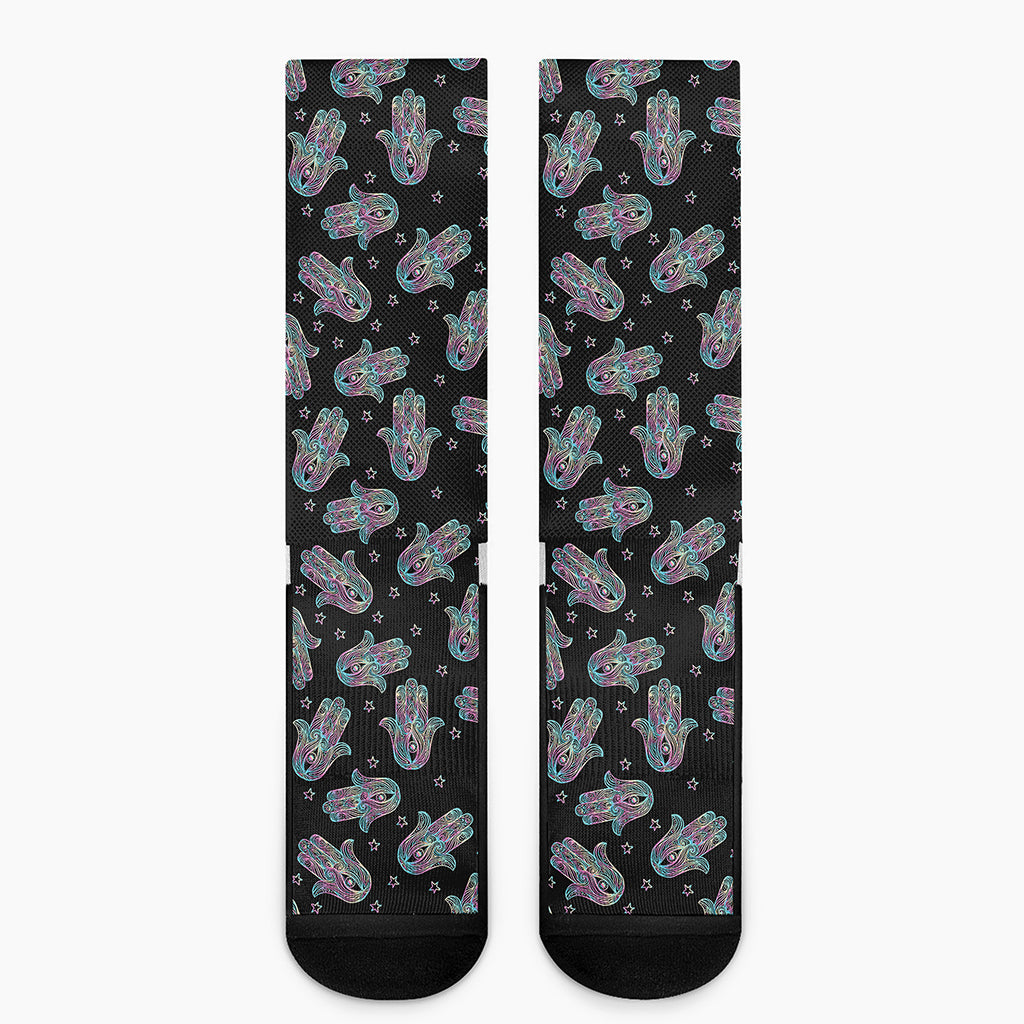 Colorful Hamsa Hand Print Crew Socks