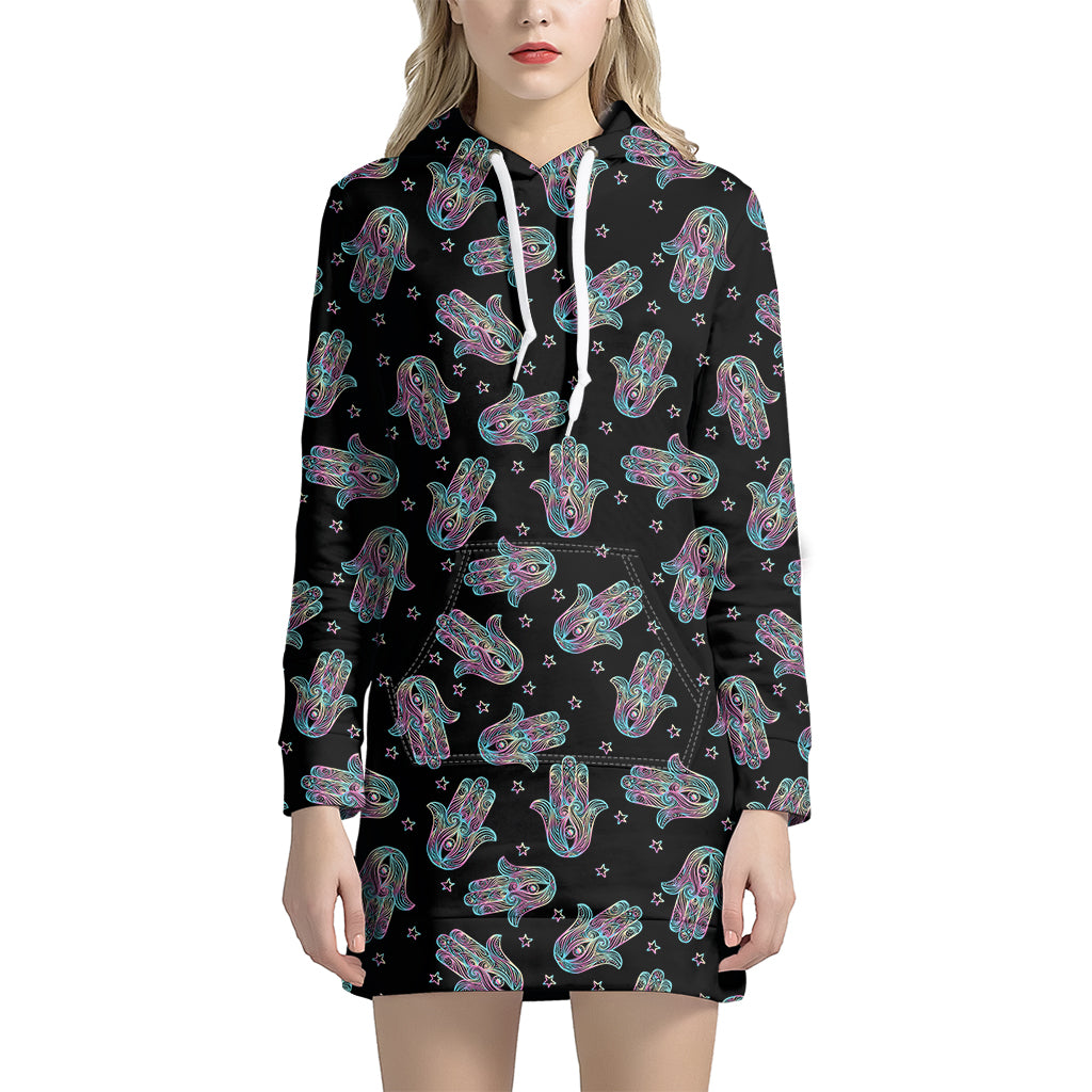 Colorful Hamsa Hand Print Hoodie Dress