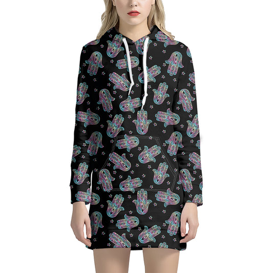 Colorful Hamsa Hand Print Hoodie Dress
