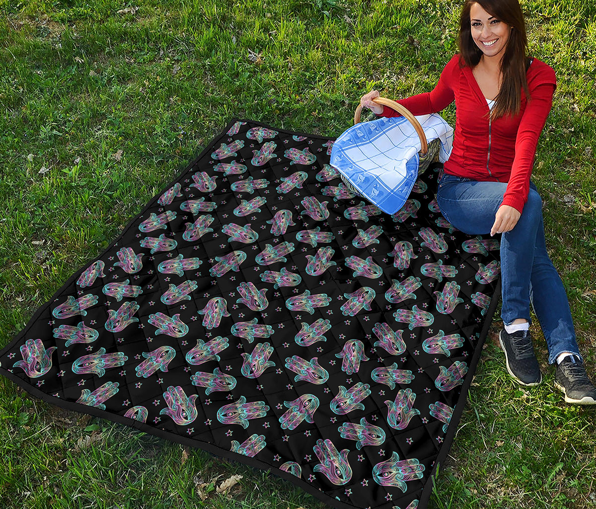 Colorful Hamsa Hand Print Quilt