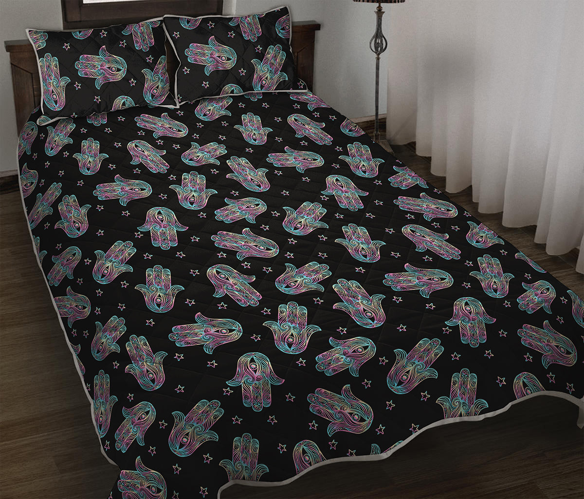Colorful Hamsa Hand Print Quilt Bed Set