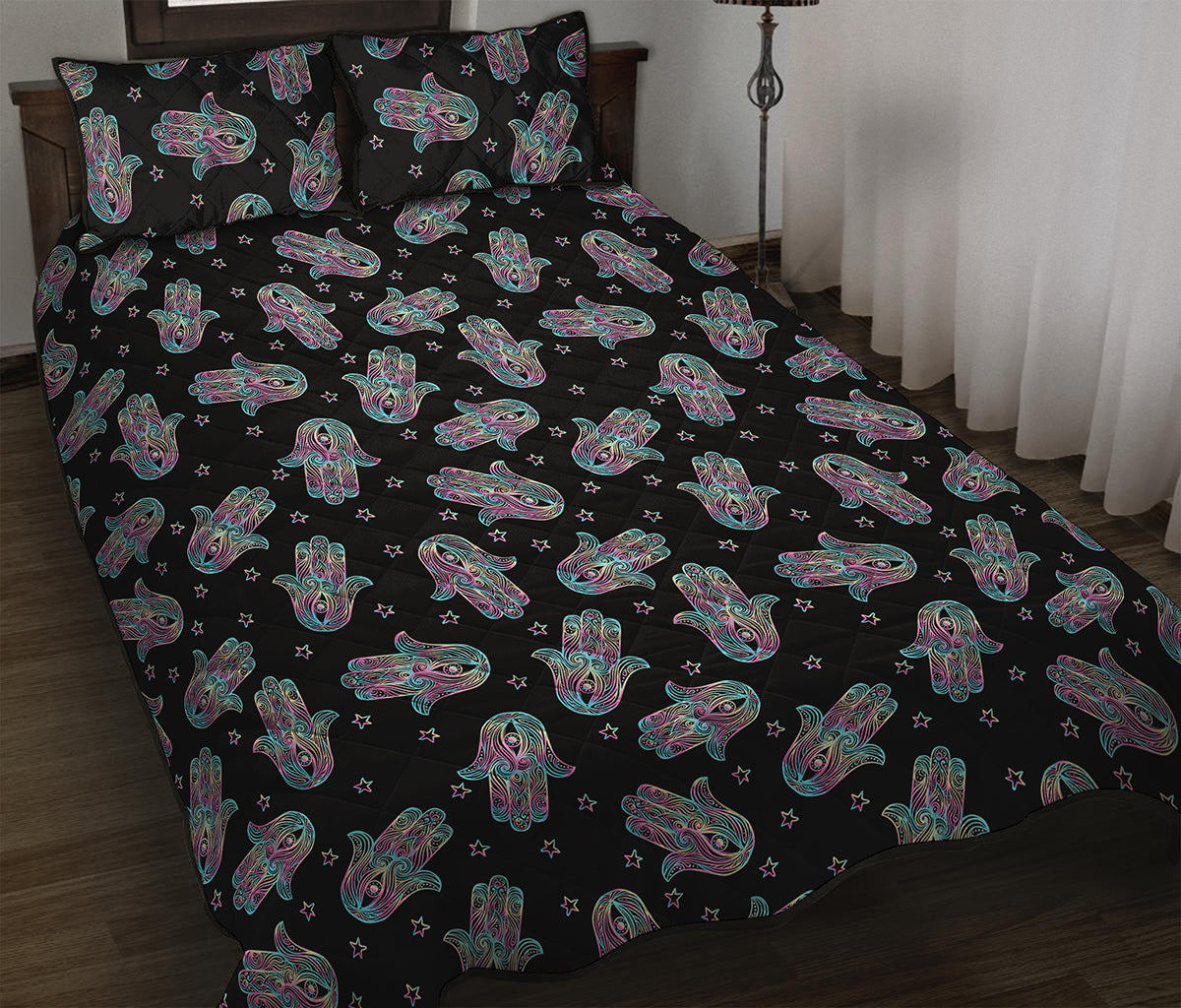 Colorful Hamsa Hand Print Quilt Bed Set