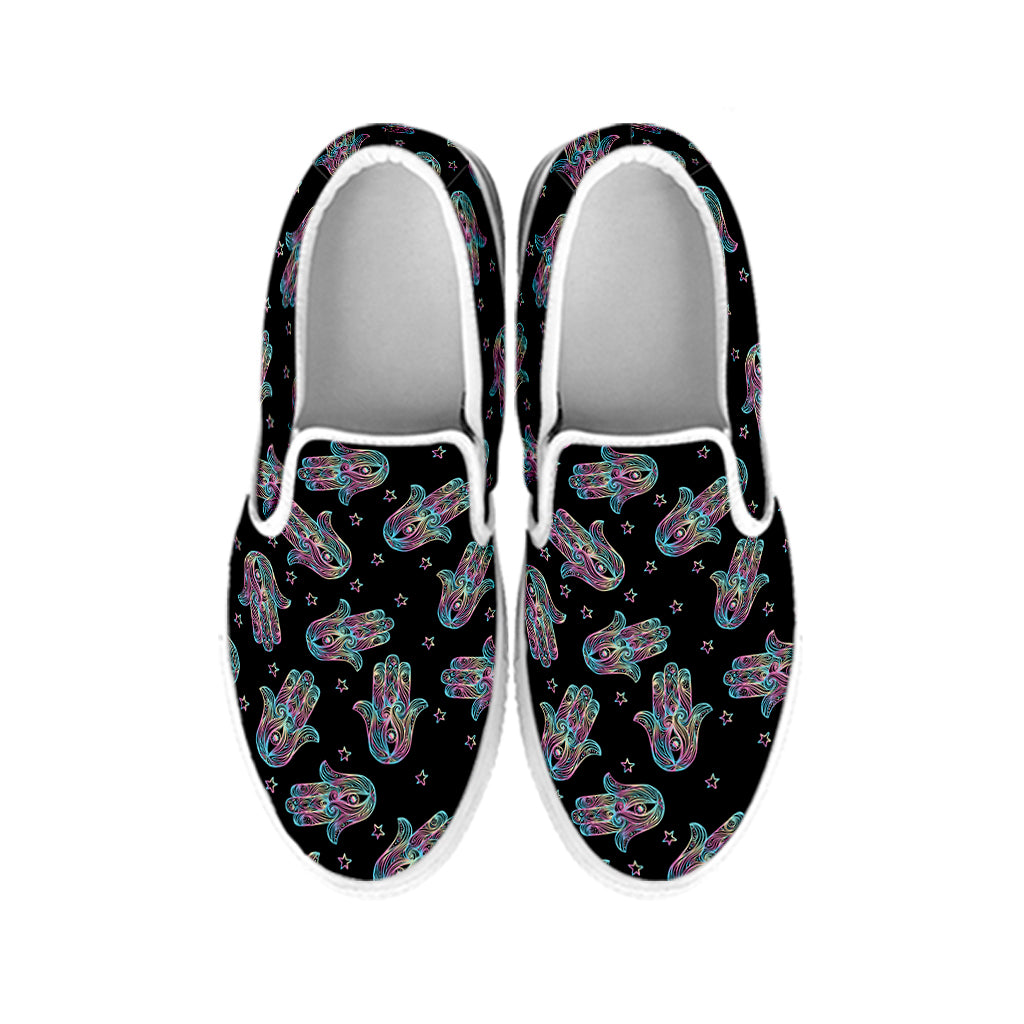 Colorful Hamsa Hand Print White Slip On Shoes