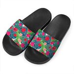 Colorful Hawaii Floral Pattern Print Black Slide Sandals