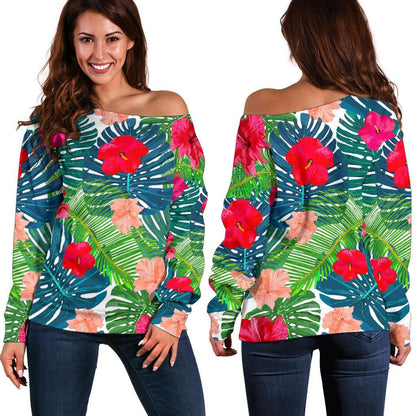 Colorful Hawaii Floral Pattern Print Off Shoulder Sweatshirt GearFrost