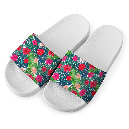 Colorful Hawaii Floral Pattern Print White Slide Sandals