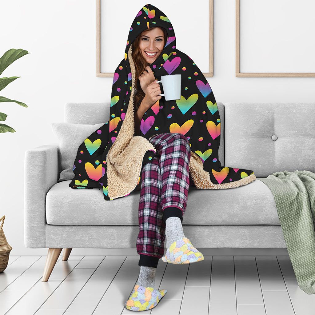 Colorful Heart Pattern Print Hooded Blanket