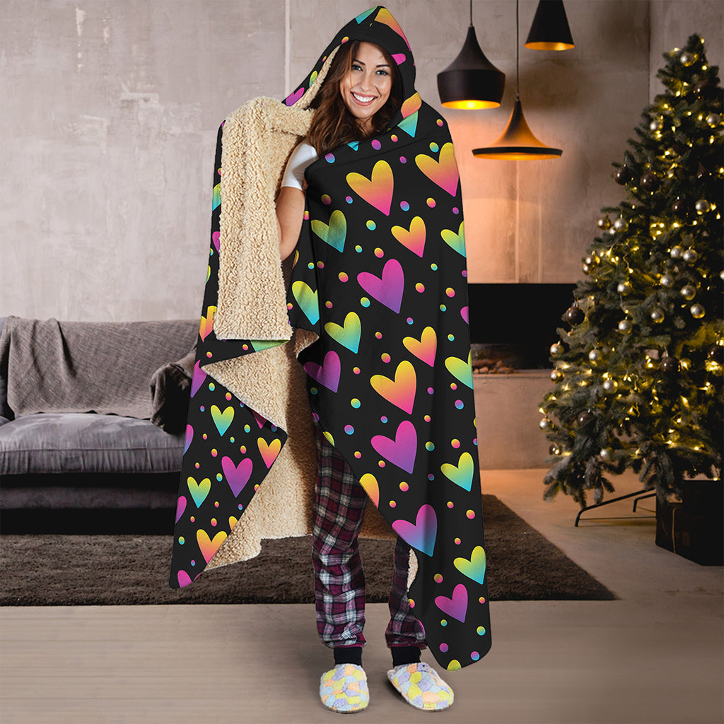 Colorful Heart Pattern Print Hooded Blanket