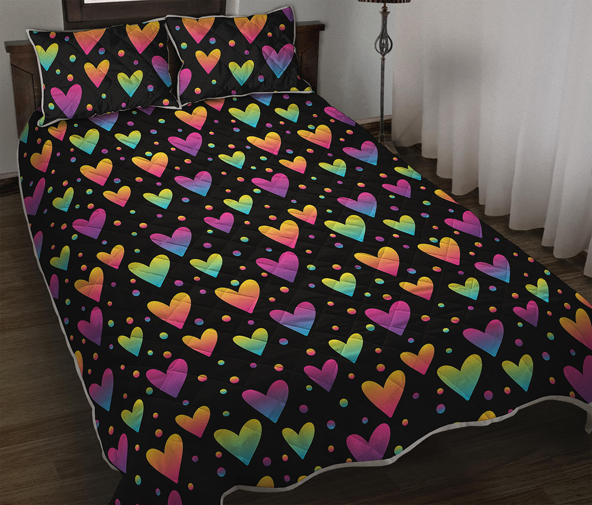 Colorful Heart Pattern Print Quilt Bed Set